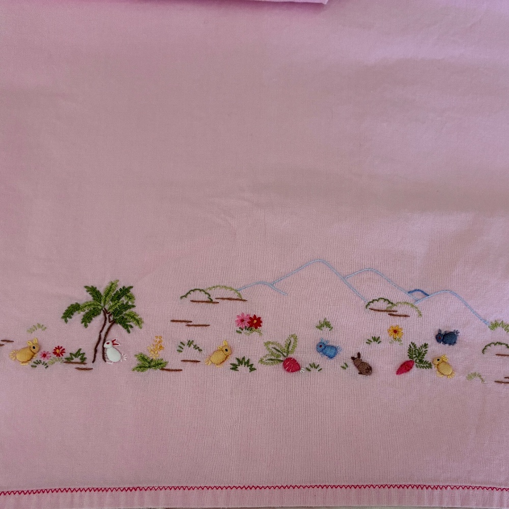 Vintage Embroidered Pink Cotton Crib Sheet Mountains, Bunnies, And Flowers - Picture 3 of 6